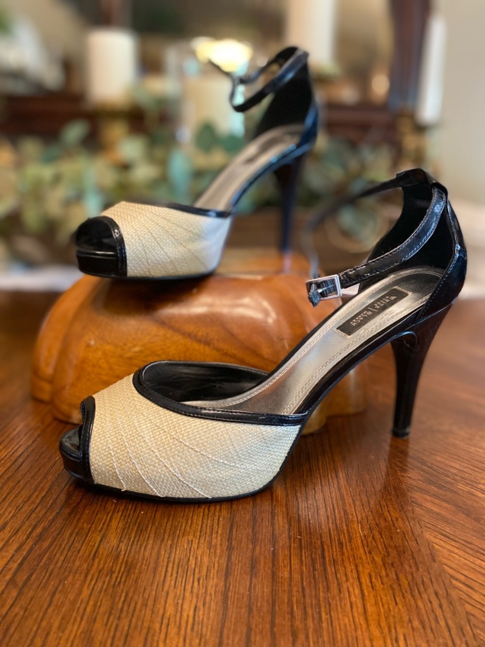 White House Black Market Black & Cream Peep-Toe Ankle Strap Heels